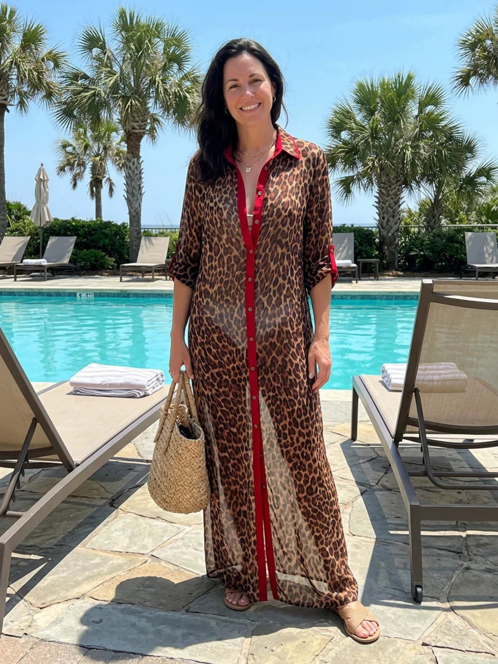 ZARA Vintage Leopard Print Red Trim Maxi Cardigan Dress